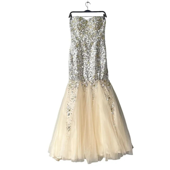 TONY BOWLS Strapless Prom Gown Long Beaded Sheer Mermaid Strapless Size 2 - Picture 3 of 8